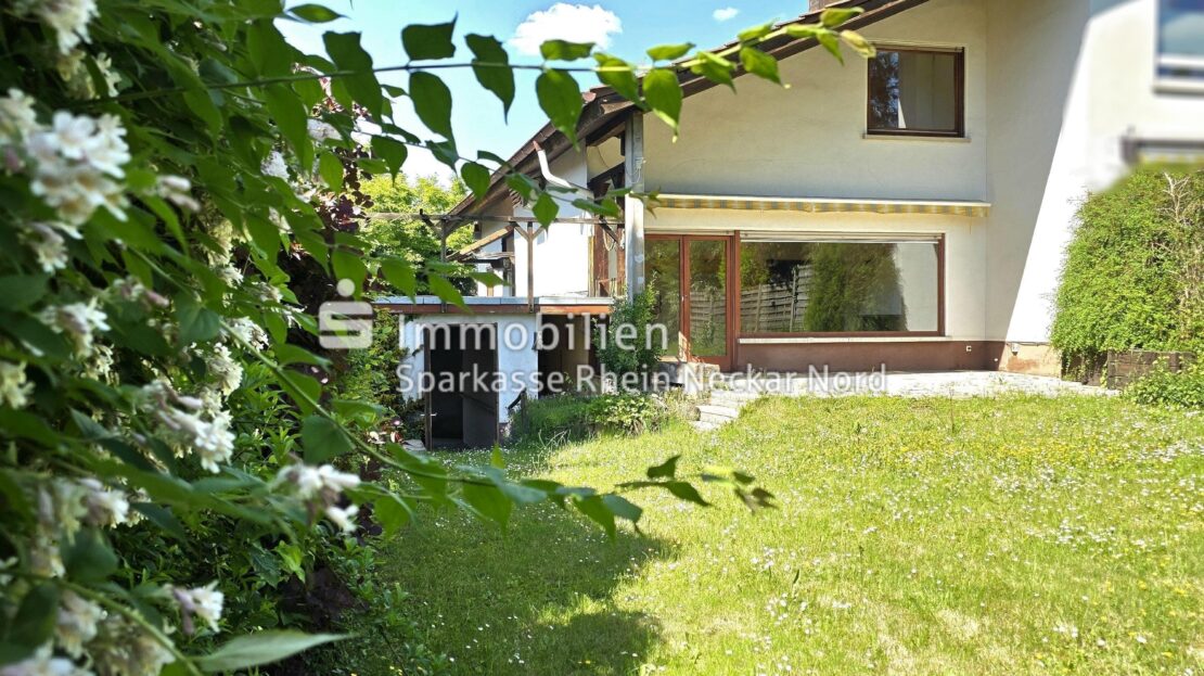 Blick auf Haus mit Rasenfläche und Ziersträucher