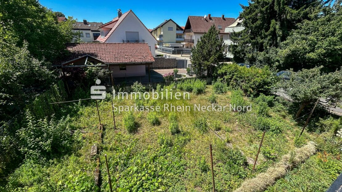Bewachsener Garten mit Blick auf Nachbarhäuser